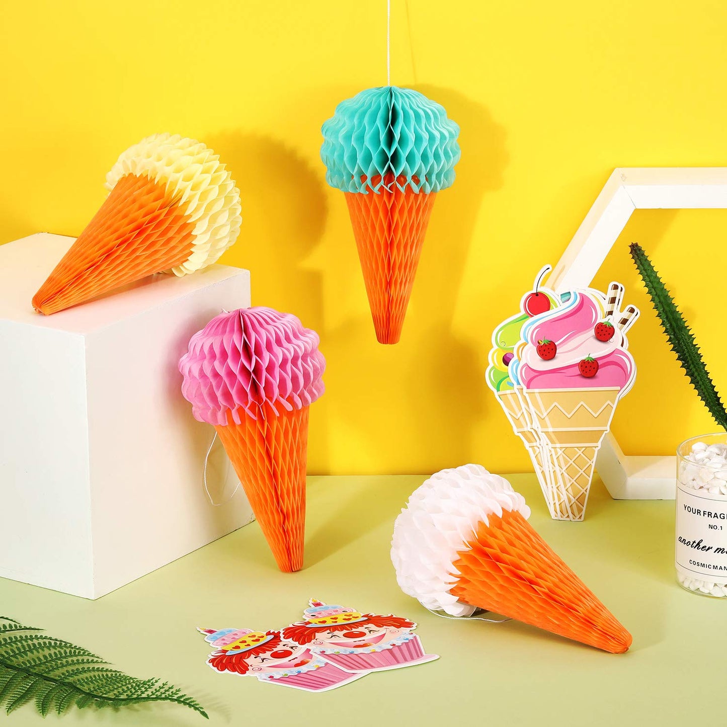 Maitys 9 Pieces Ice Cream Party Decorations Hanging Honeycomb Ice Cream Tissue Paper Party Banner Ceiling Sign Decor for Wedding Birthday Summer Favor