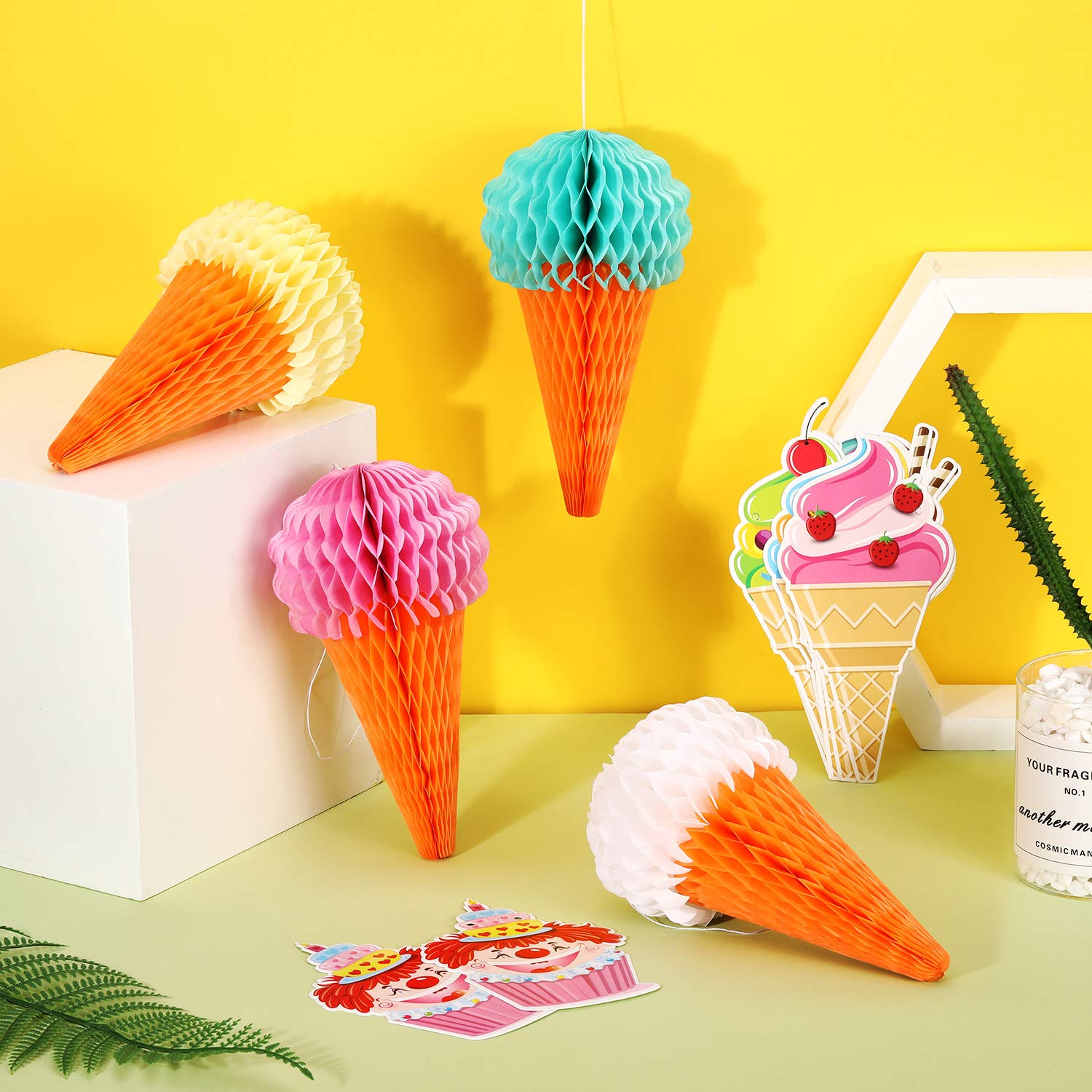 Maitys 9 Pieces Ice Cream Party Decorations Hanging Honeycomb Ice Cream Tissue Paper Party Banner Ceiling Sign Decor for Wedding Birthday Summer Favor