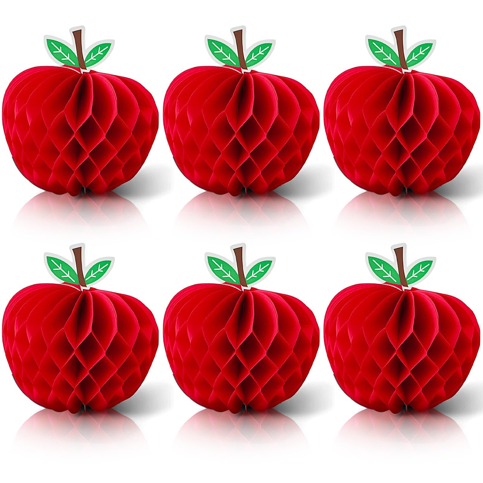 6 Pack 4.3 x 5.7 Inch Apple Honeycomb Decorations, Stand or Hang Tissue Paper Centerpieces, 3D Red Fruit Ornaments for Back to School, Teacher