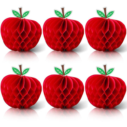 6 Pack 4.3 x 5.7 Inch Apple Honeycomb Decorations, Stand or Hang Tissue Paper Centerpieces, 3D Red Fruit Ornaments for Back to School, Teacher