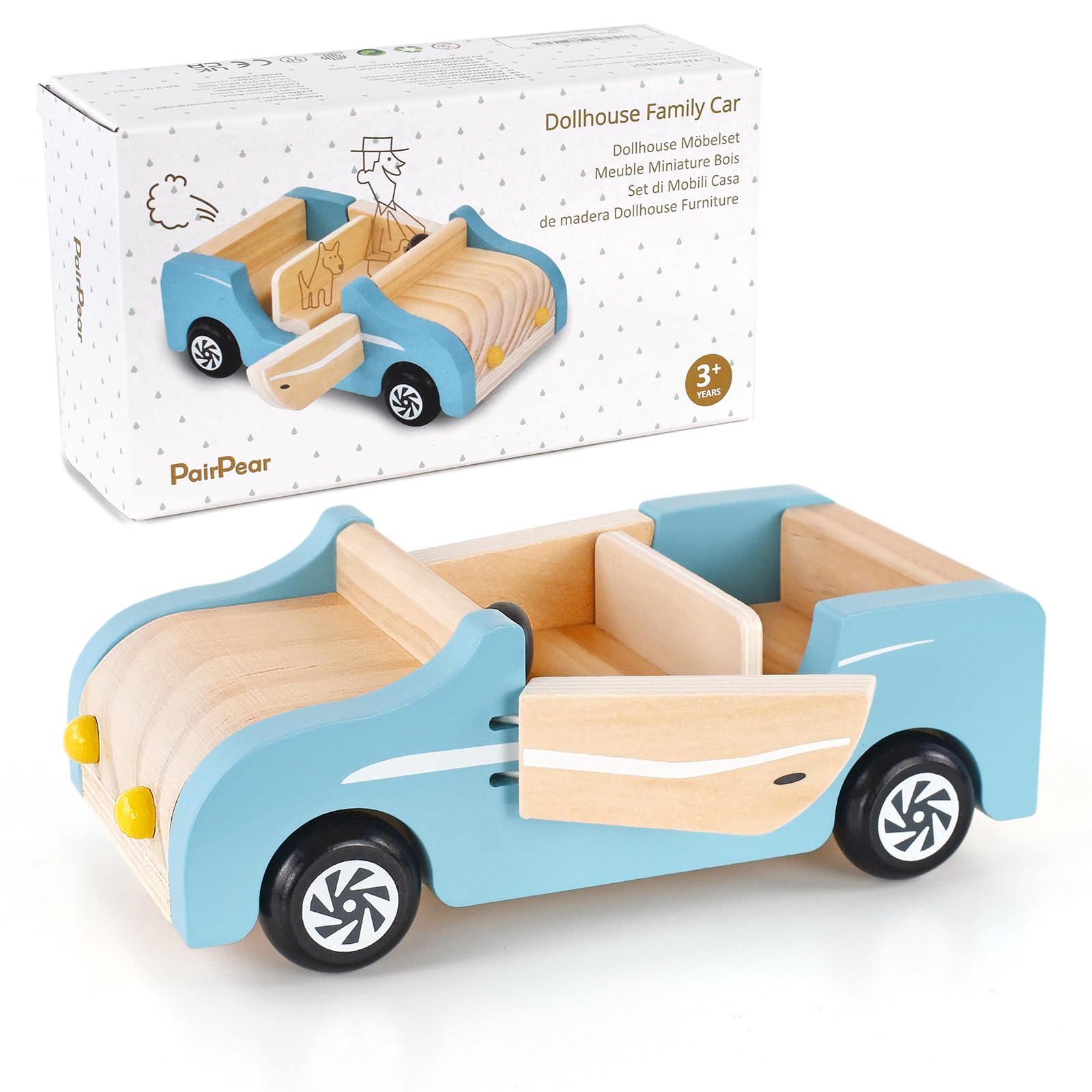 PairPear Wooden Family Car for Dolls,Wooden Toys Dollhouese Furniture Accessories Playset,Kids Pretend Preschool Play Vehicle Toys Gift for Toddler 3
