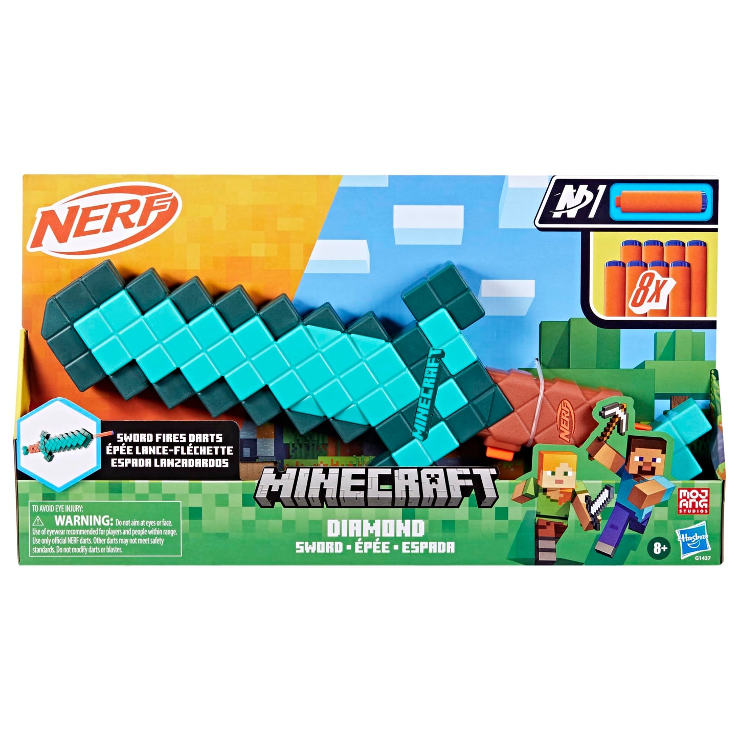 Nerf Minecraft Sword Dart Blaster, Pull Back Priming, Foam Edge, 8 N1 Darts, Ages 8+