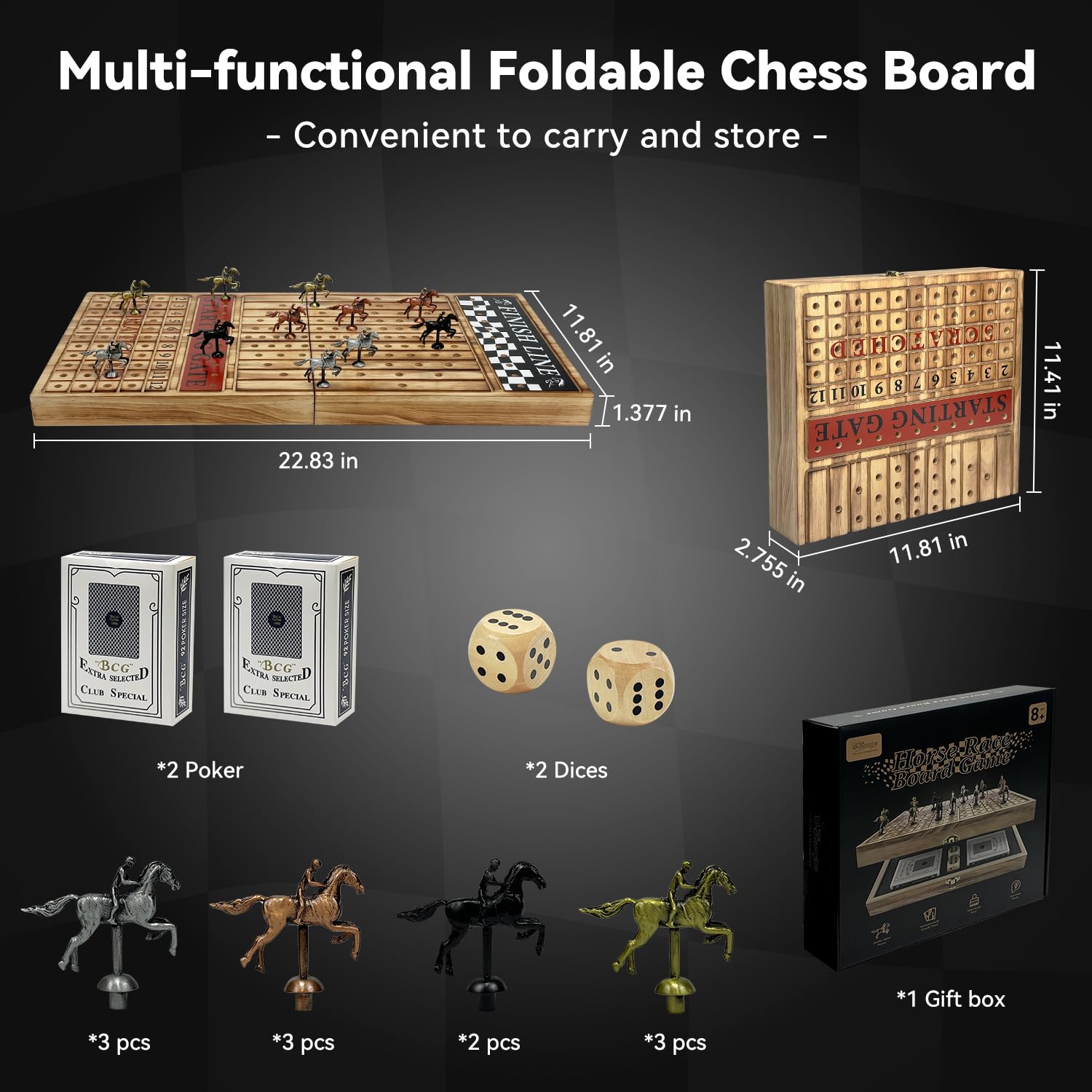 Large 23 inches Horse Racing Board Game with 11 Luxury Metal Horses, Foldable Wood Horse Race Board Game with 2 Sets of Dice, 2 Boxes of Cards