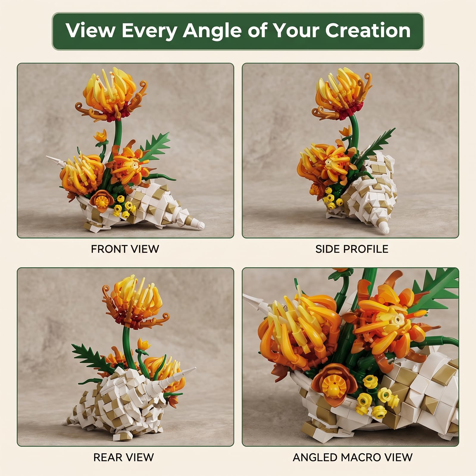 JYLWSMHMU Chrysanthemum Conch Building Blocks Set Artificial Flower Botanical Display Kit Creative DIY Desk Decor Unique Gift for Adults Women Home