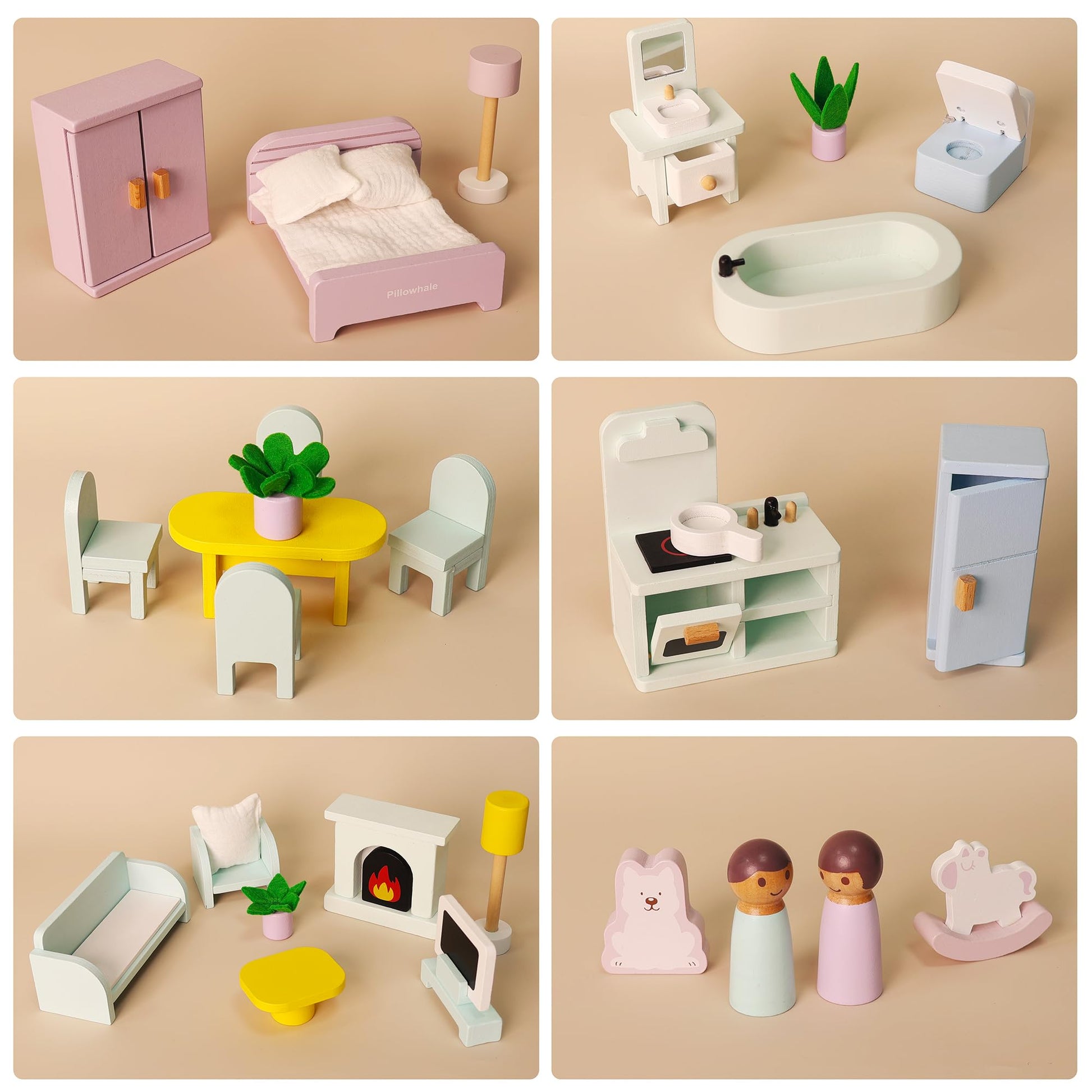 Pillowhale Wooden Dollhouse Furniture Set,36-Piece Dollhouse Furniture & Accessories for 6 Rooms,Interactive Pretend Play Furniture Toys, Gift