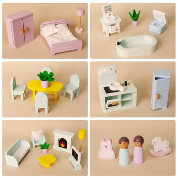Pillowhale Wooden Dollhouse Furniture Set,36-Piece Dollhouse Furniture & Accessories for 6 Rooms,Interactive Pretend Play Furniture Toys, Gift
