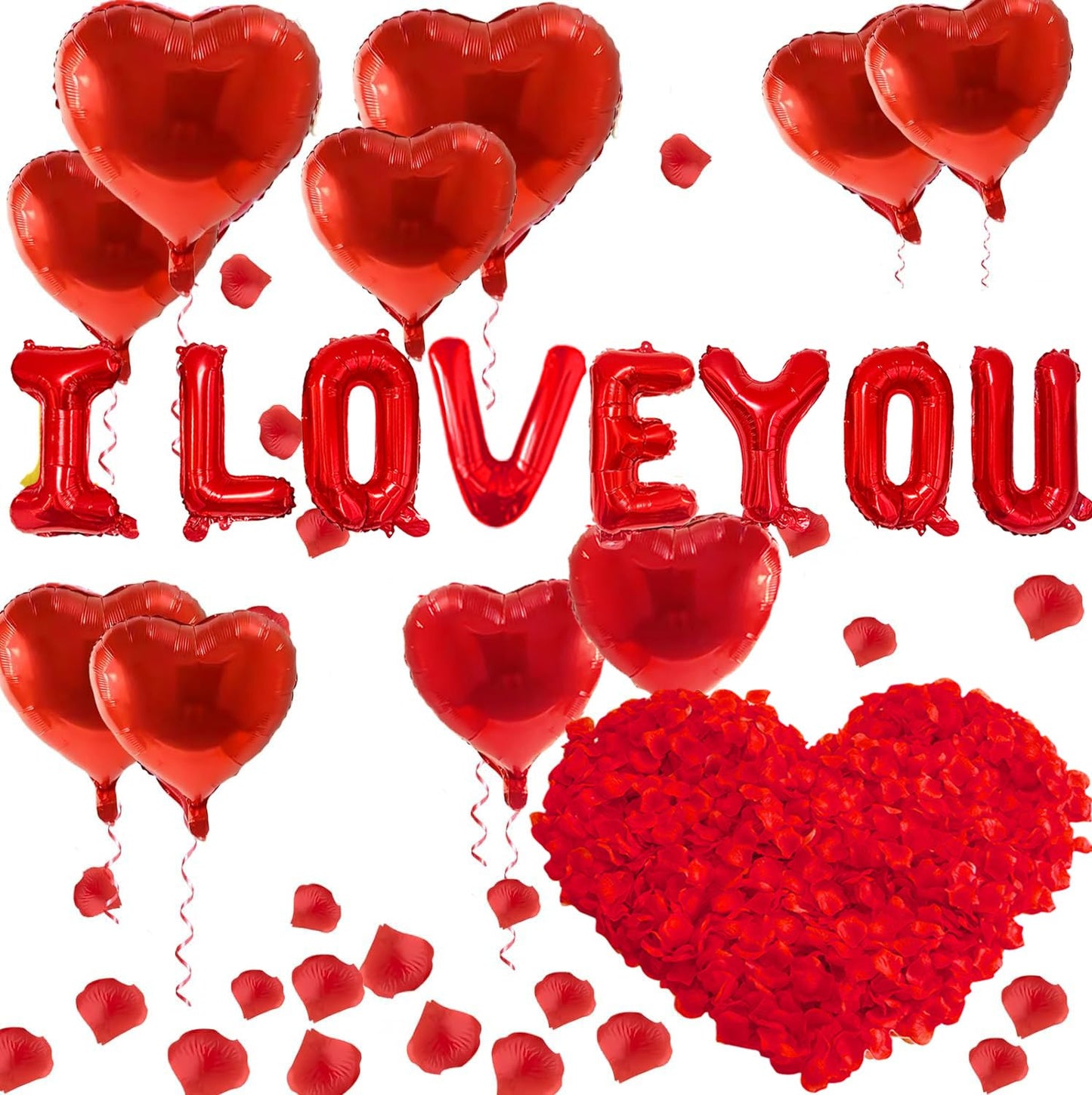 I Love You Balloons and Heart Balloons with 500 Pieces Rose Petals, Foil Mylar Love Balloon for Him/Her Wedding Anniversary Engagement Valentine Day