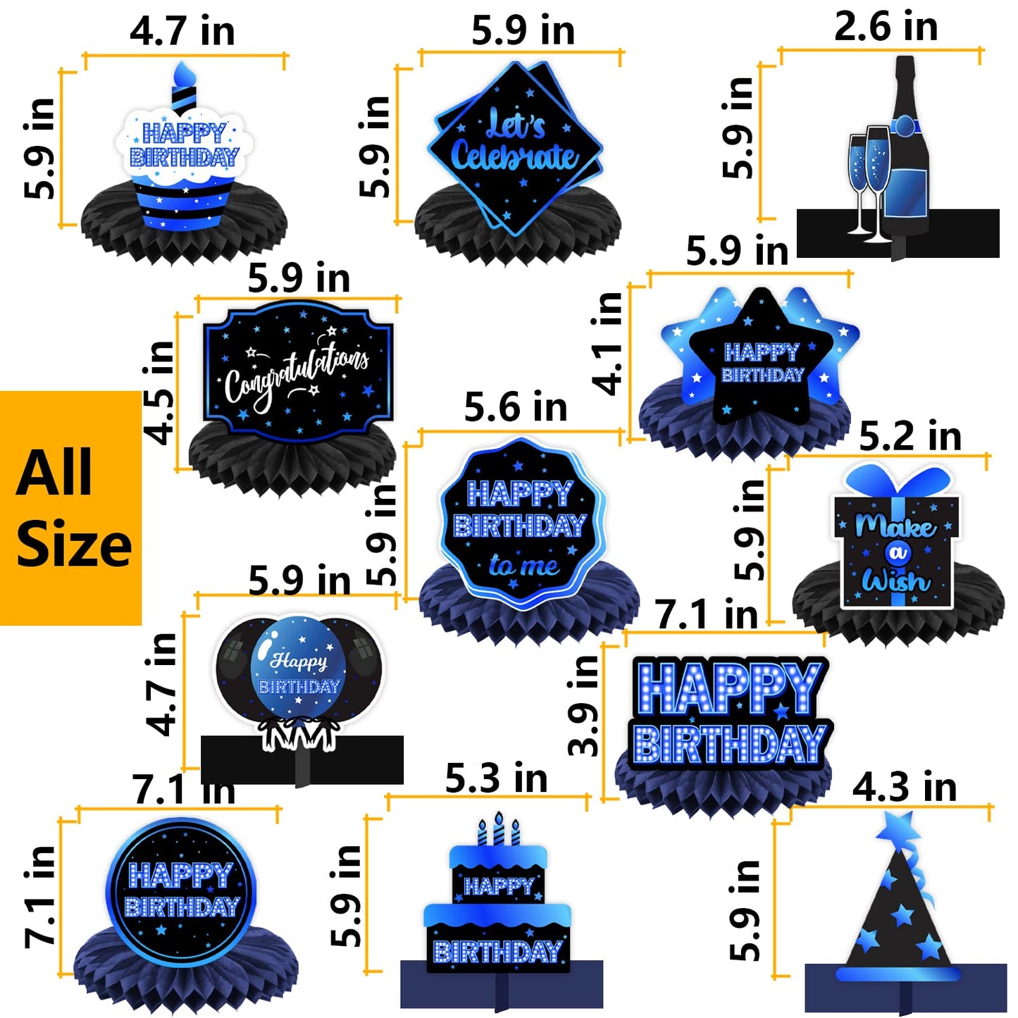 Happy Birthday Blue and Black Table Honeycomb Centerpieces Balloons Theme Decor Table Decorations Table Toppers for Girls Women Princess 16th 21st