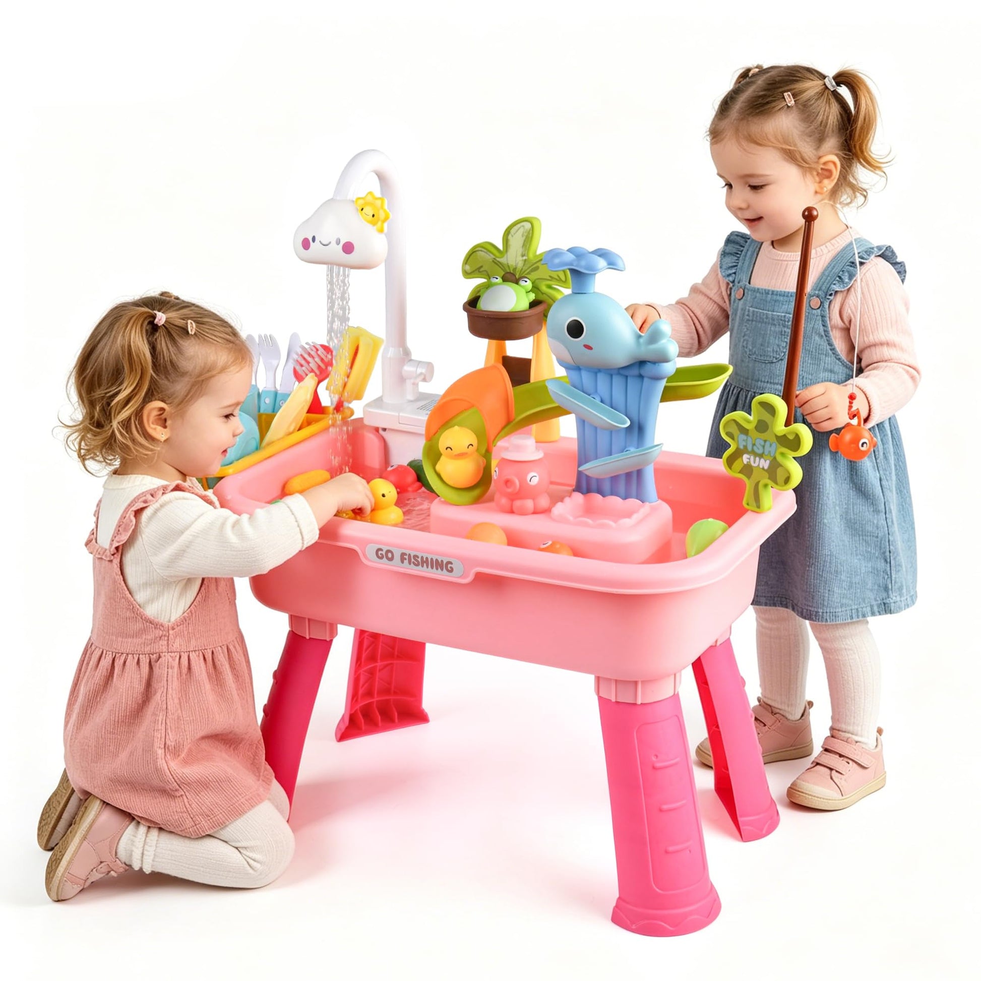 Ploomi Upgraded Toddler Sand Water Table Toy with Electric Water Pump, Kids Sand Water with Faucet/Play Food Accessories/Fishing Toy, Kitchen Play