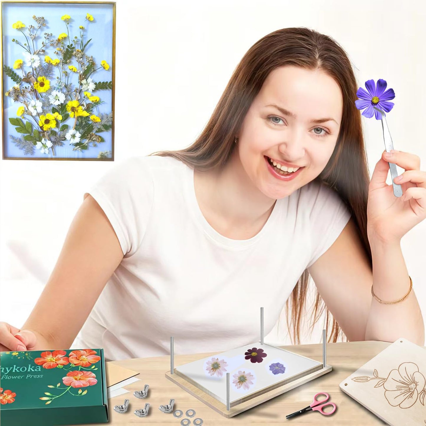 Rhykoka Professional Flower Press, 8 Layers 6.3x8.3 inch (16x21cm) Wooden Flower Press Kit/Flower Pressing for Adults, Great Gift for DIY Flowers