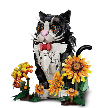 LPPROTECTOR Sunflower Gentle Kitty Building Set for Adults - 1434 Pcs Tuxedo Cat Statue with Rotating Head and Poseable Tail - 3D Tuxedo Kitty Model