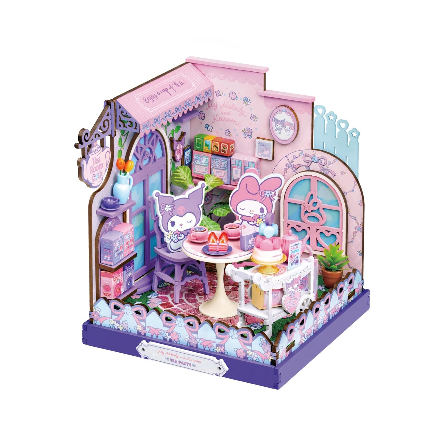 Hands Craft My Melody & Kuromi Tea Party Miniature House Kit - Kawaii 3D Puzzle with Tiny Tea Cups & Cake - DIY Wooden Craft Kit for Bedroom or