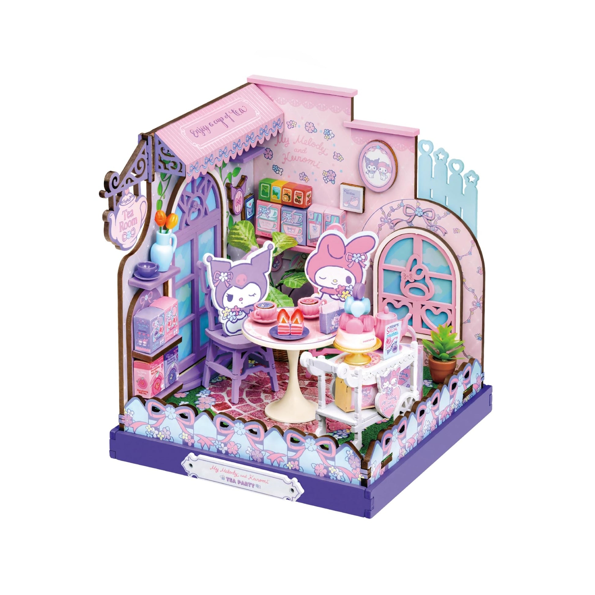 Hands Craft My Melody & Kuromi Tea Party Miniature House Kit - Kawaii 3D Puzzle with Tiny Tea Cups & Cake - DIY Wooden Craft Kit for Bedroom or