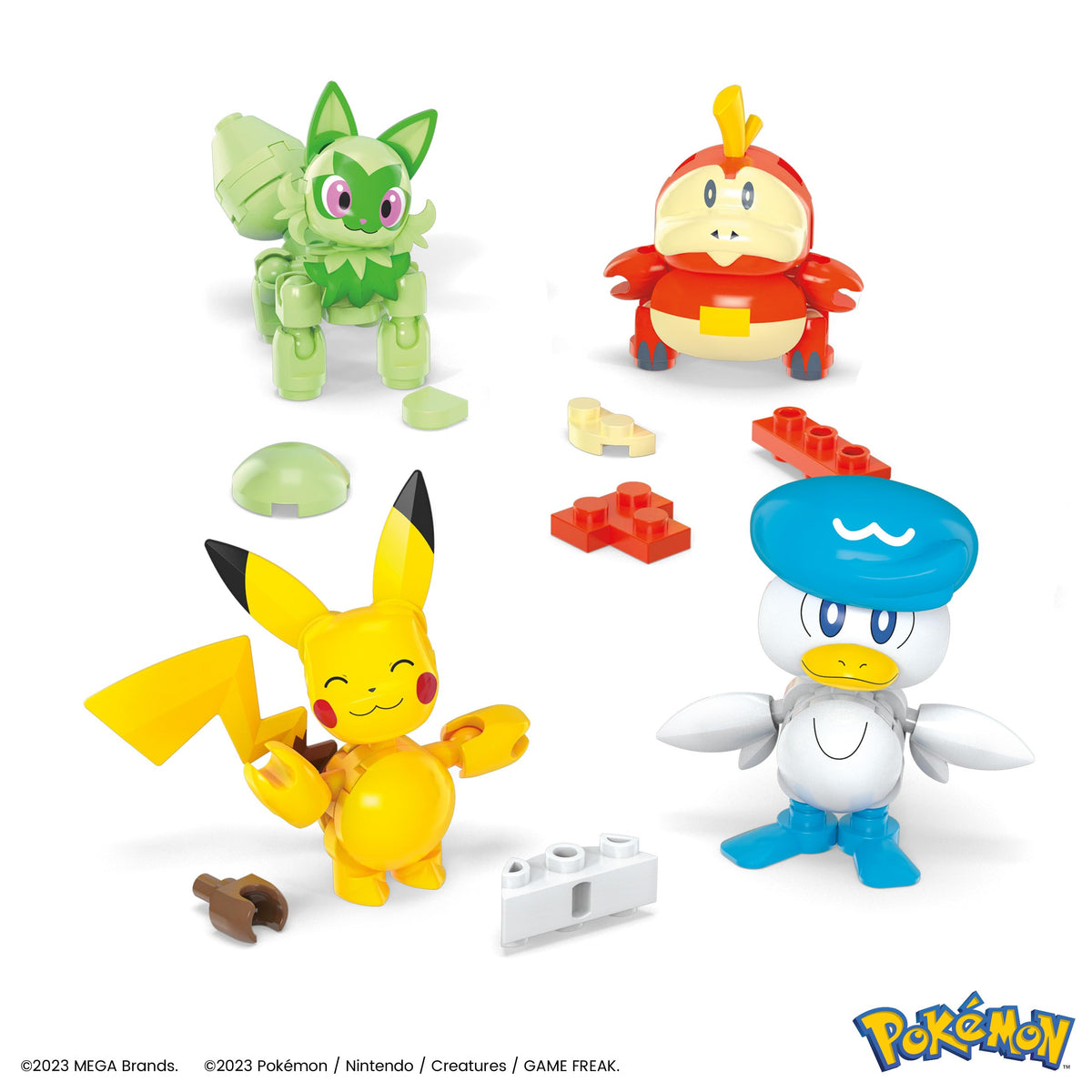 MEGA Pokemon Action Figure Building Toys for Kids, The 79-Piece Paldea Region Team, Pikachu Fuecoco Sprigatito and Quaxly, and 1 Pokemon Ball, HPX92