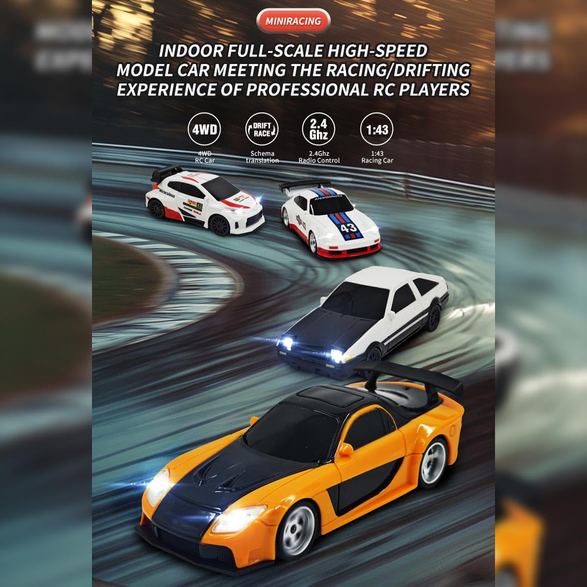 Aetheria 1/43 RC Drift Racing Car, 4WD Fully Proportional Mini Electric Race Vehicle with LED Lights Remote Control High Speed Car for Adult Outdoor
