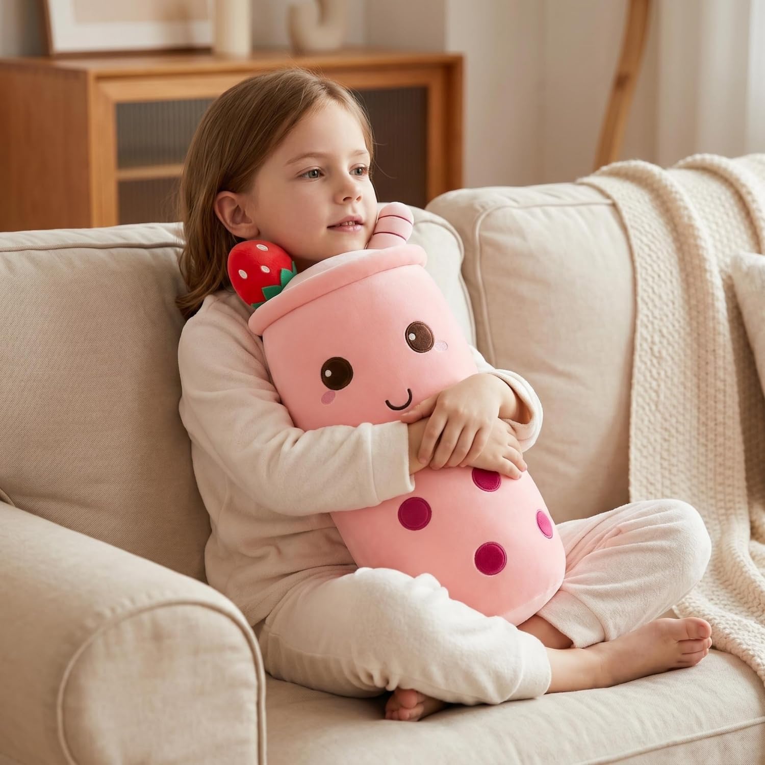 OPHRBU 16-Inch Pink Bubble Tea Plush Pillow Soft Stuffed Toy Gift