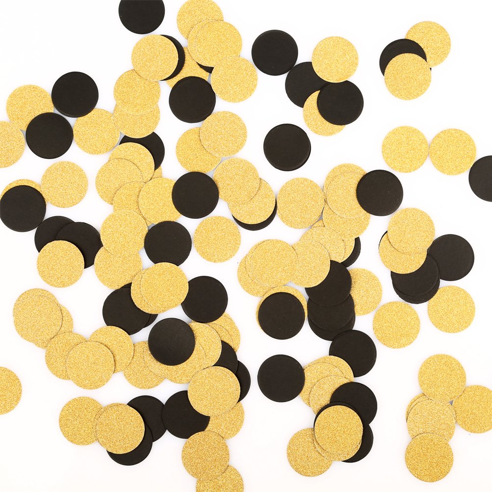 MOWO Gold Glitter and Black Confetti Circle Table Decoration, 1.2", 200pc