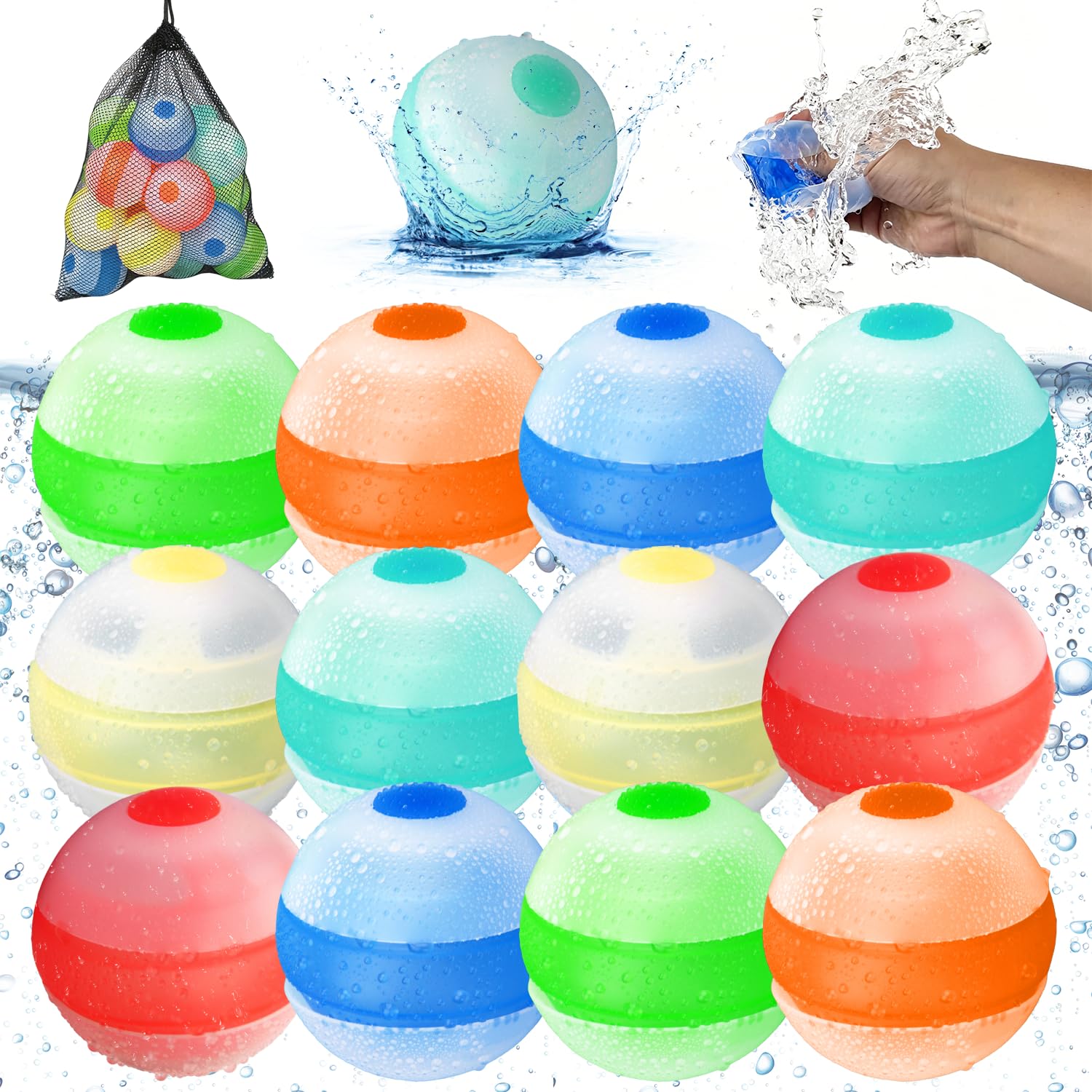 Reusable Water Balloons,Soft Refillable Water Balloons Quick Fill,12 Pack