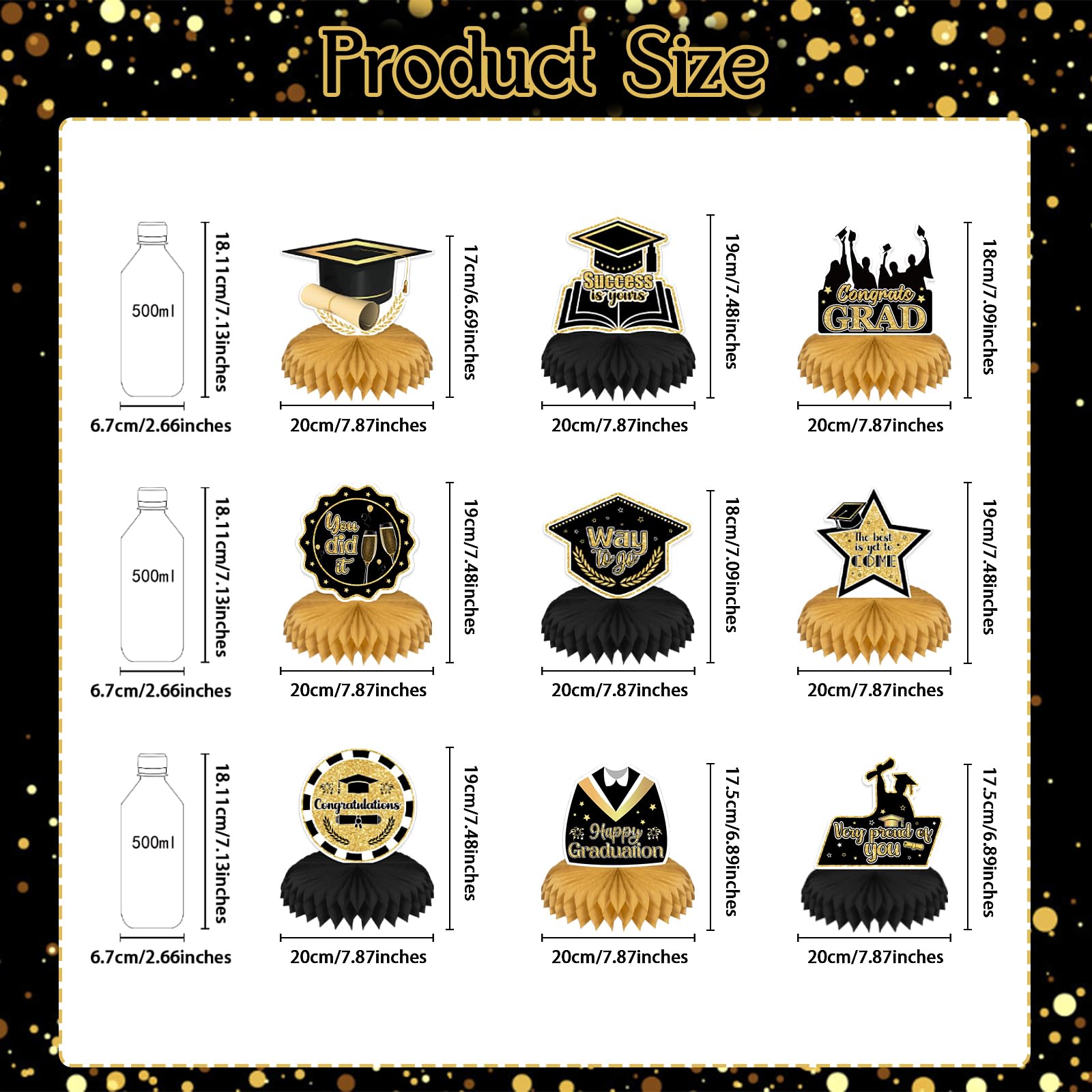 9PCS Graduation Party Decorations Class of 2025 Congrats Grad Table Centerpiece Congratulate Graduation Black and Gold Honeycomb Table Toppers