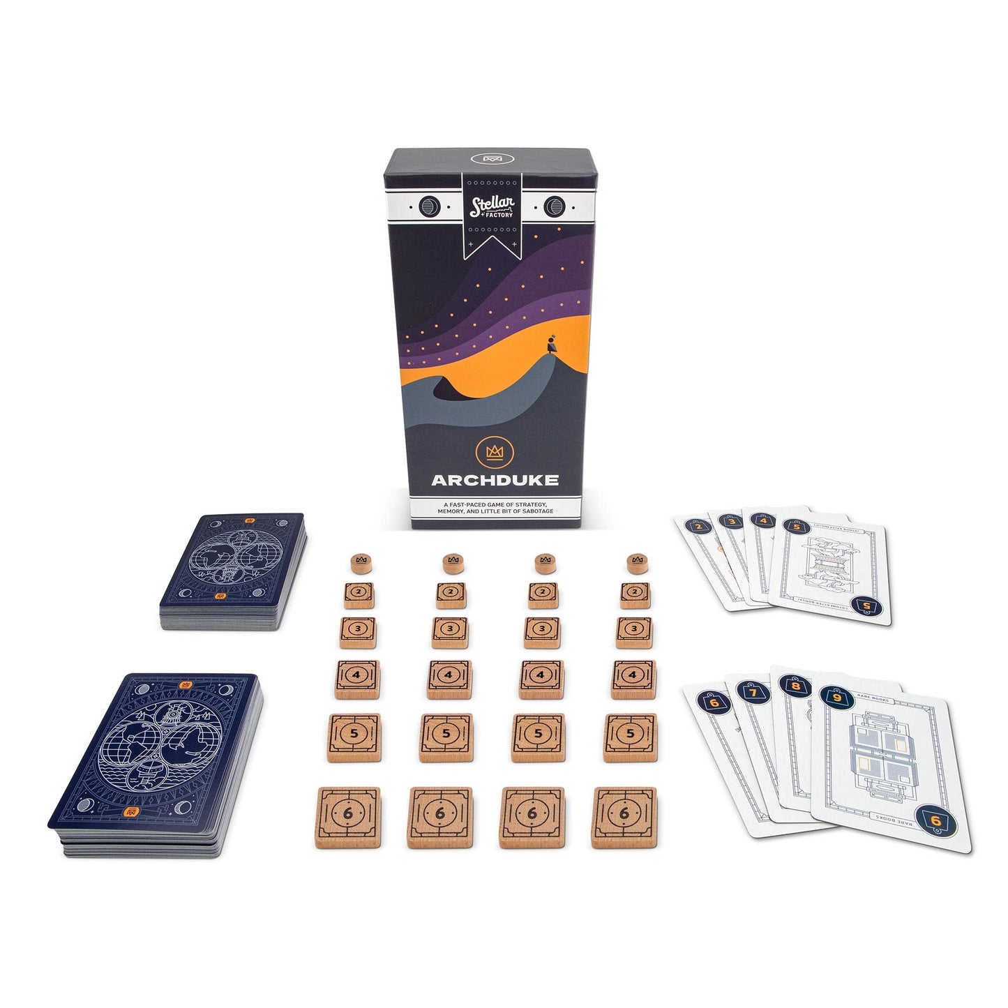Stellar Factory Archduke | Strategy & Memory Card Game | 2-6 Players, Ages 12+ | Screen-Printed Wood Tokens | 104 Cards