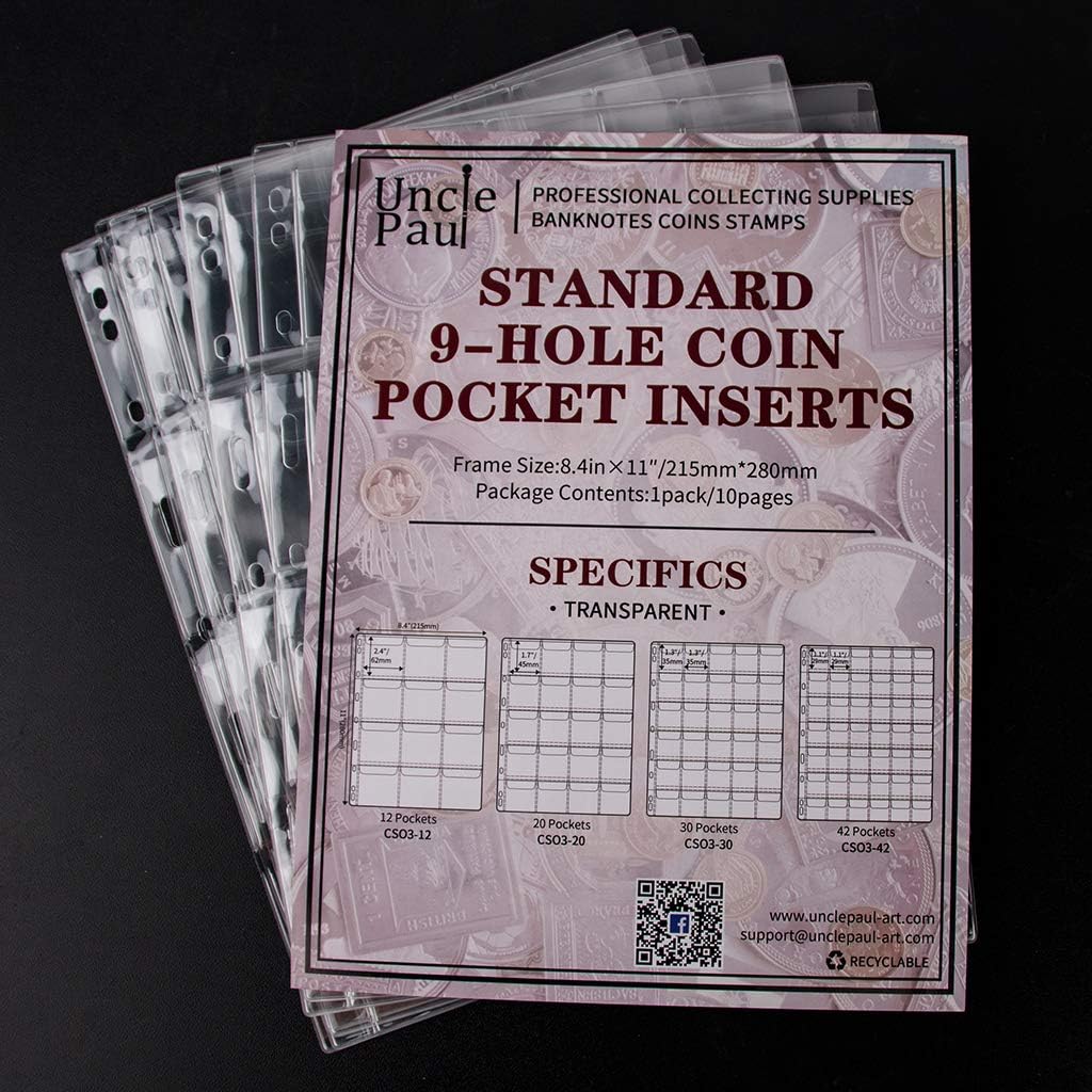 Coin Collecting Pages 5 Sheets 12 Pockets Standard 9Hole Coin Pocket Inserts Collecting Sleeves for Coins Uncle Paul CS03512