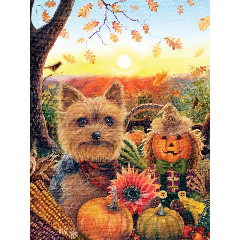 Bits and Pieces - 500 Piece Jigsaw Puzzle for Adults - Pumpkin Sunrise Yorkie - Puppy Dog Fall Autumn Corn Scarecrow Jigsaw Puzzle by Artist Brooke