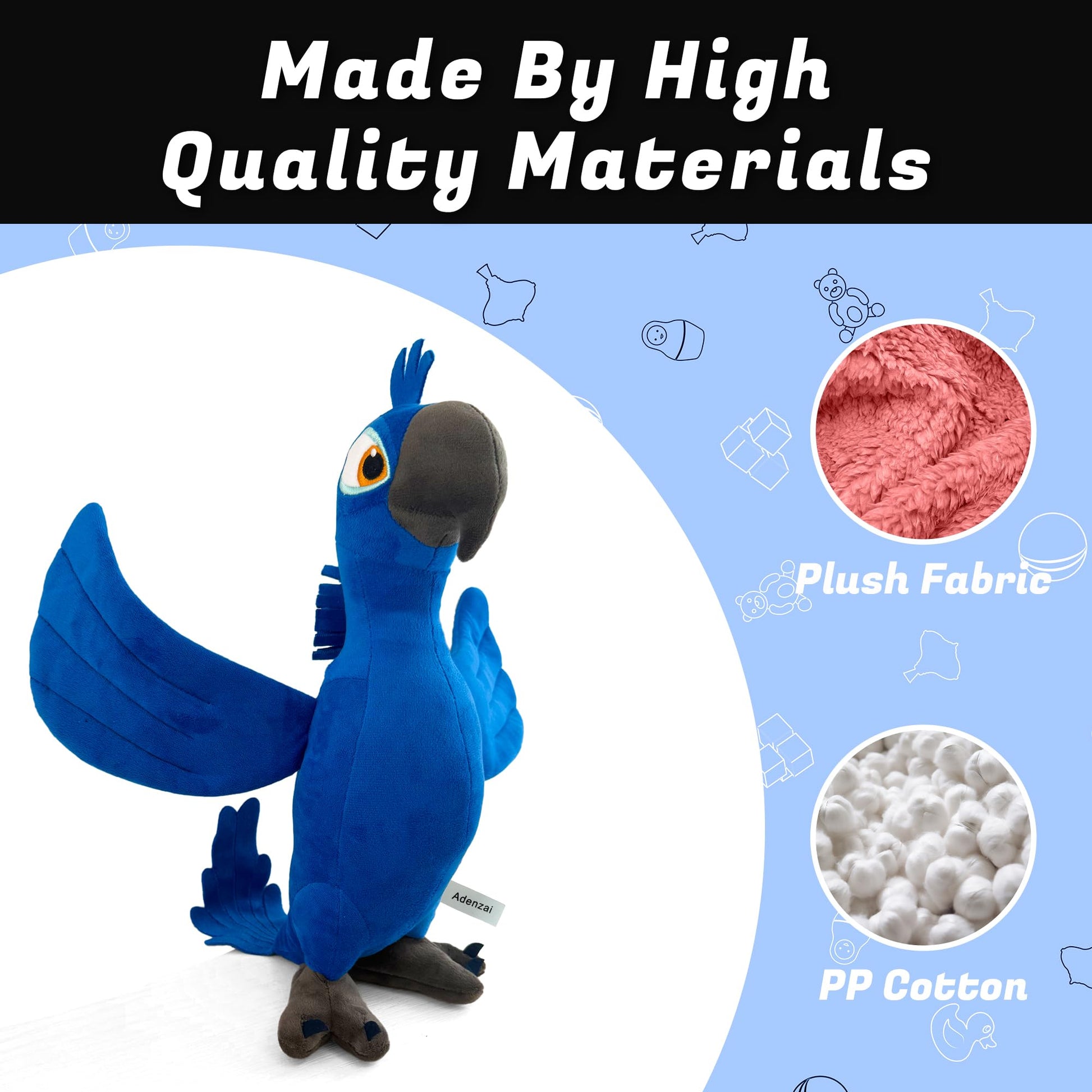 Adenzai Rio Blu Plush Toy - Soft Blue Macaw Stuffed Animal Parrot Plush, Cute Rio Movie Blu Bird Character Plushie Gift for Kids and Fans