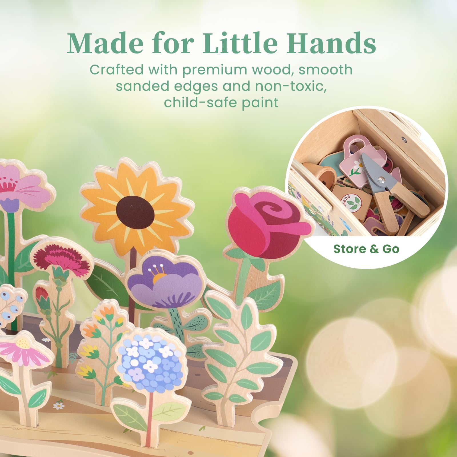 WOODENFUN Wooden Pretend Play Toys for Kids, 22Pcs Flower Garden Playset