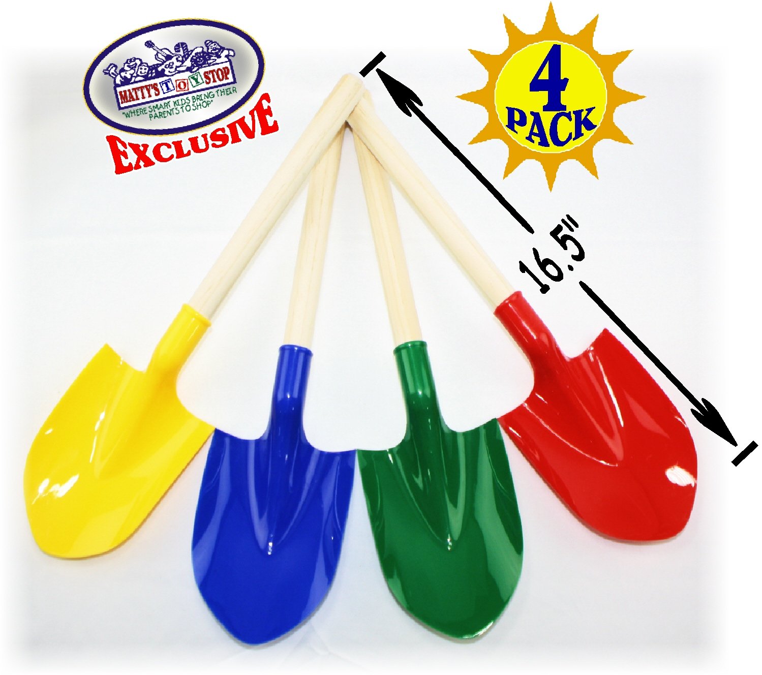 Matty's Toy Stop 16.5" Wooden Mini Sand Shovels for Kids with Plastic Spade (Red, Blue, Green & Yellow) Complete Gift Set Party Bundle - 4 Pack