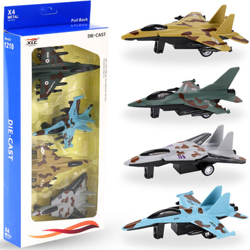 4 Pack: Diecast Fighter Jets Pullback Airplane Military Plane Toys Army Air Force Party Favors Kids Playset and Durable Die-cast Metal Miniature