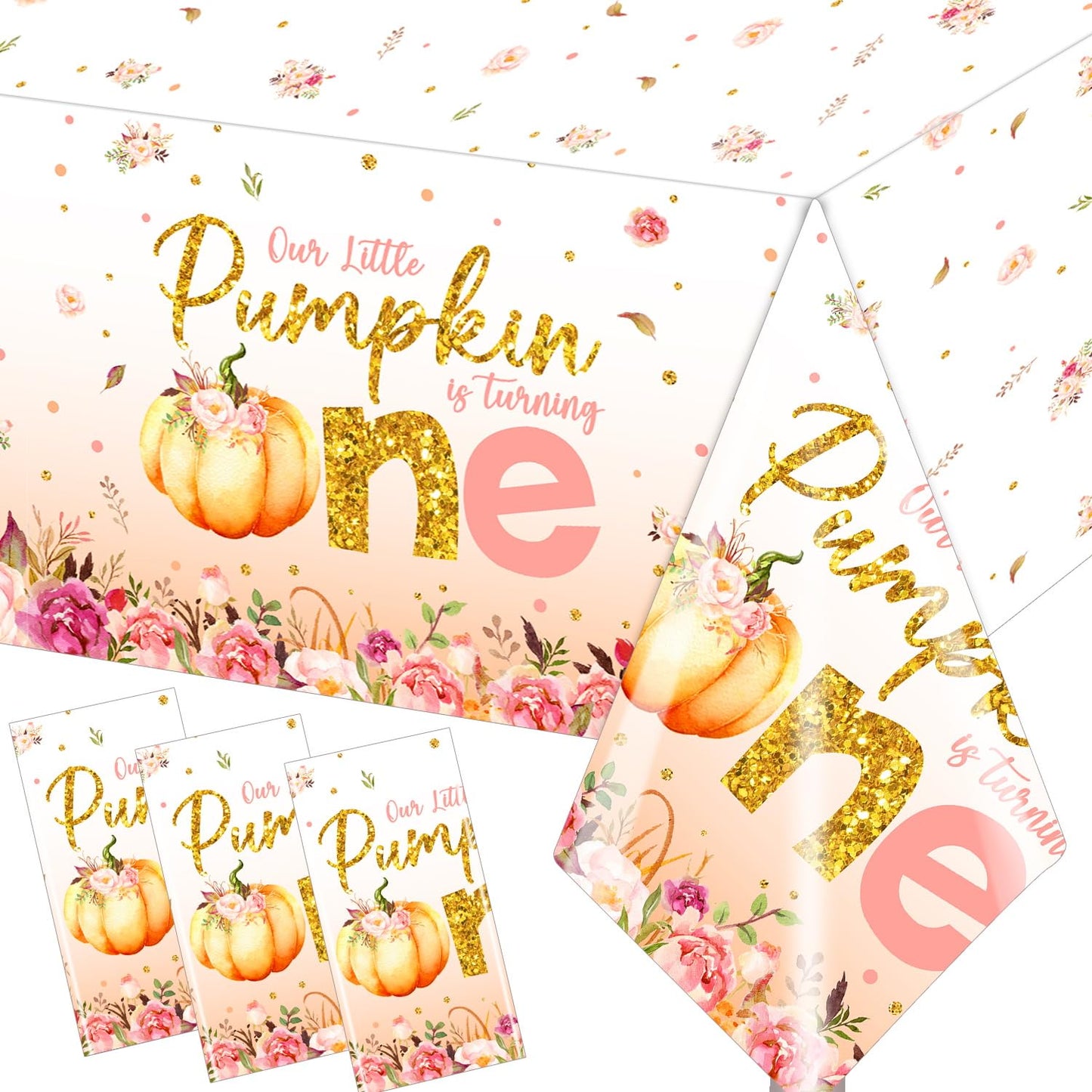 Pumpkin First Birthday Decorations for Girl - 3pcs Little Pumpkin is Turning One Tablecloth, Pumpkin Fall 1st Birthday Table Cover for First Birthday