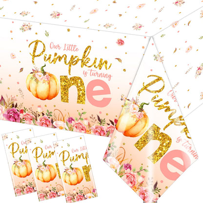 Pumpkin First Birthday Decorations for Girl - 3pcs Little Pumpkin is Turning One Tablecloth, Pumpkin Fall 1st Birthday Table Cover for First Birthday