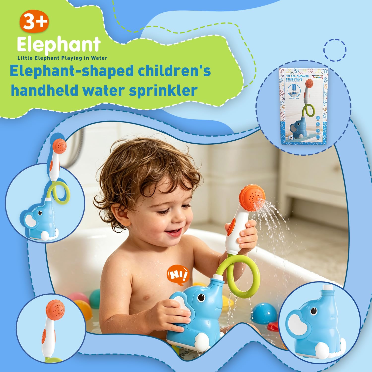 Baby Bath Toy Elephant Shower Head, Battery Operated Water Sprinkler Toy for Toddlers, Interactive Bathtub Toy for Kids Ages 3+, Blue Elephant Water