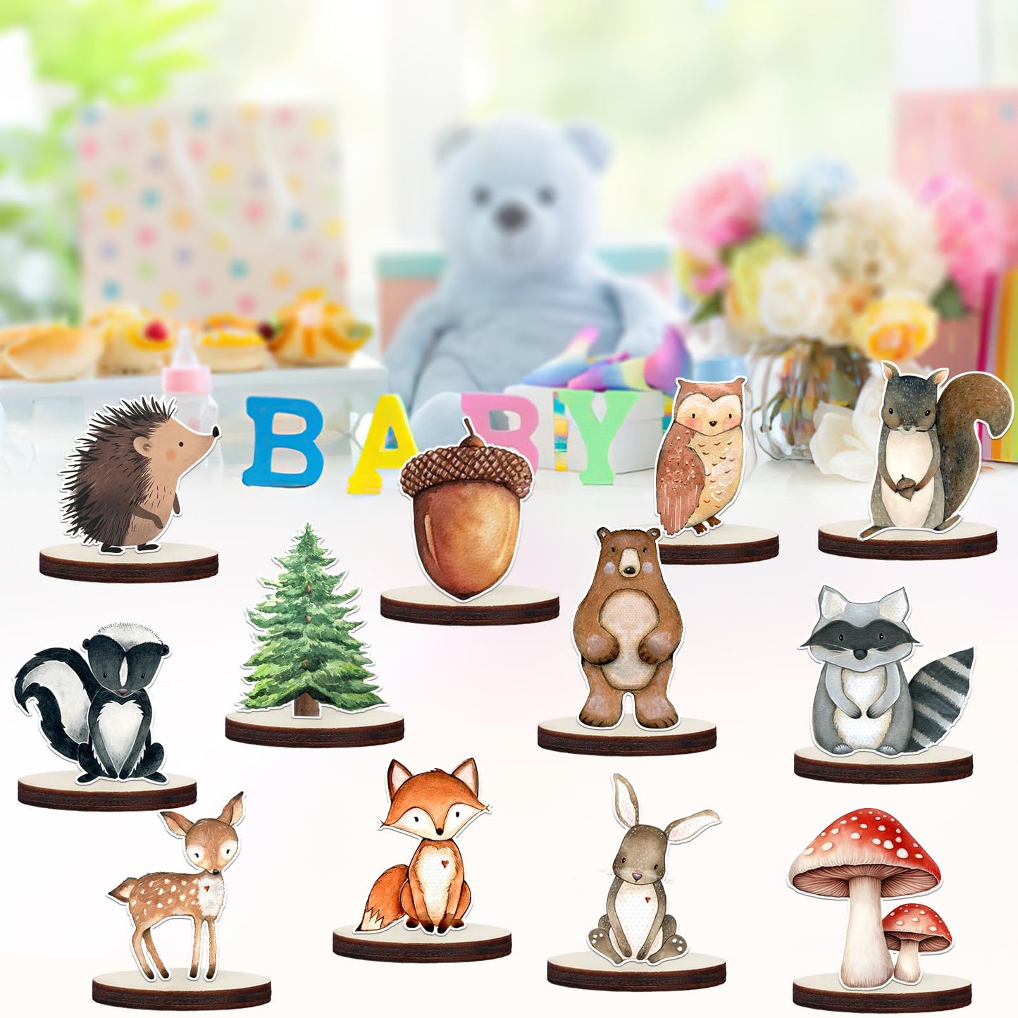 12 Pcs Painted Woodland Animals Wood Table Centerpieces Cutout Shapes Woodland Baby Shower Decorations Wild Creatures Wood Table Topper for Forest