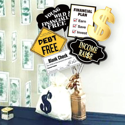 YiiiGoood 24pcs(6 styles) FUN Money Theme Table Centerpiece Sticks Decorations Table Toppers Income Raise/Debt Free for Birthdays Weddings