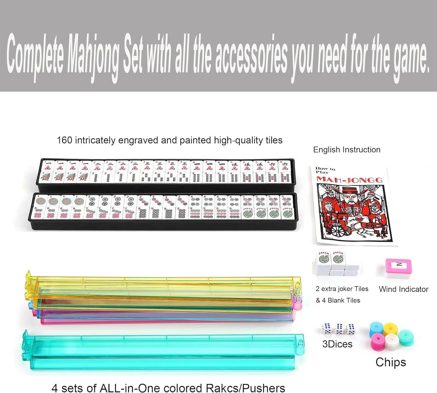 American Mahjong Game Set - Black Quilted Soft Bag 166 Premium Tiles with 4 All-in-One Rack/Pushers,100 Chips, Wind Indicator, English Manual. Easy