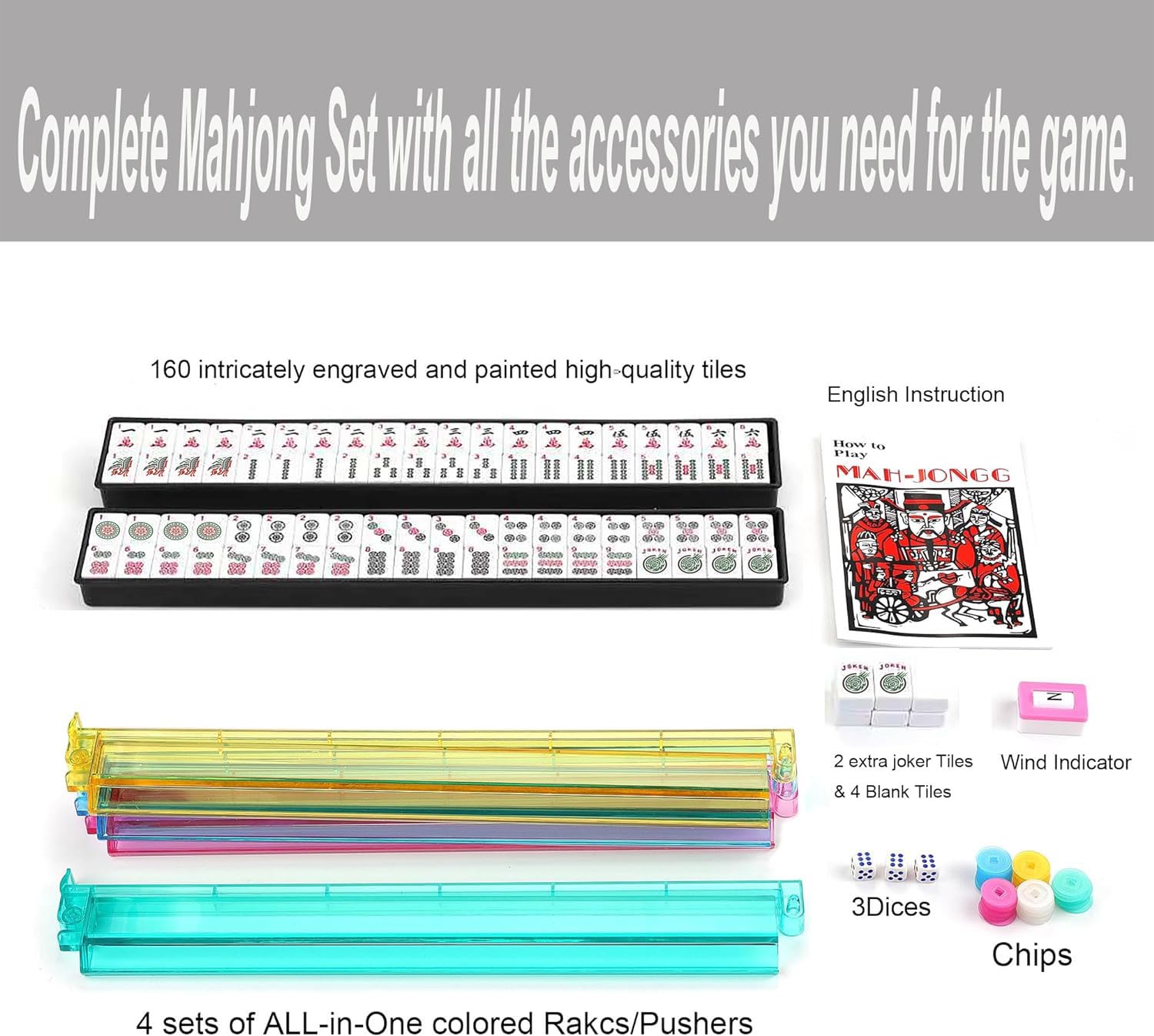 Mose Cafolo American Mahjong Set, Blue Paisley Carrying Bag,166 Premium White Tiles,4 All-in-One Color Rack/Pushers Complete Mahjong Tiles Set (Ma