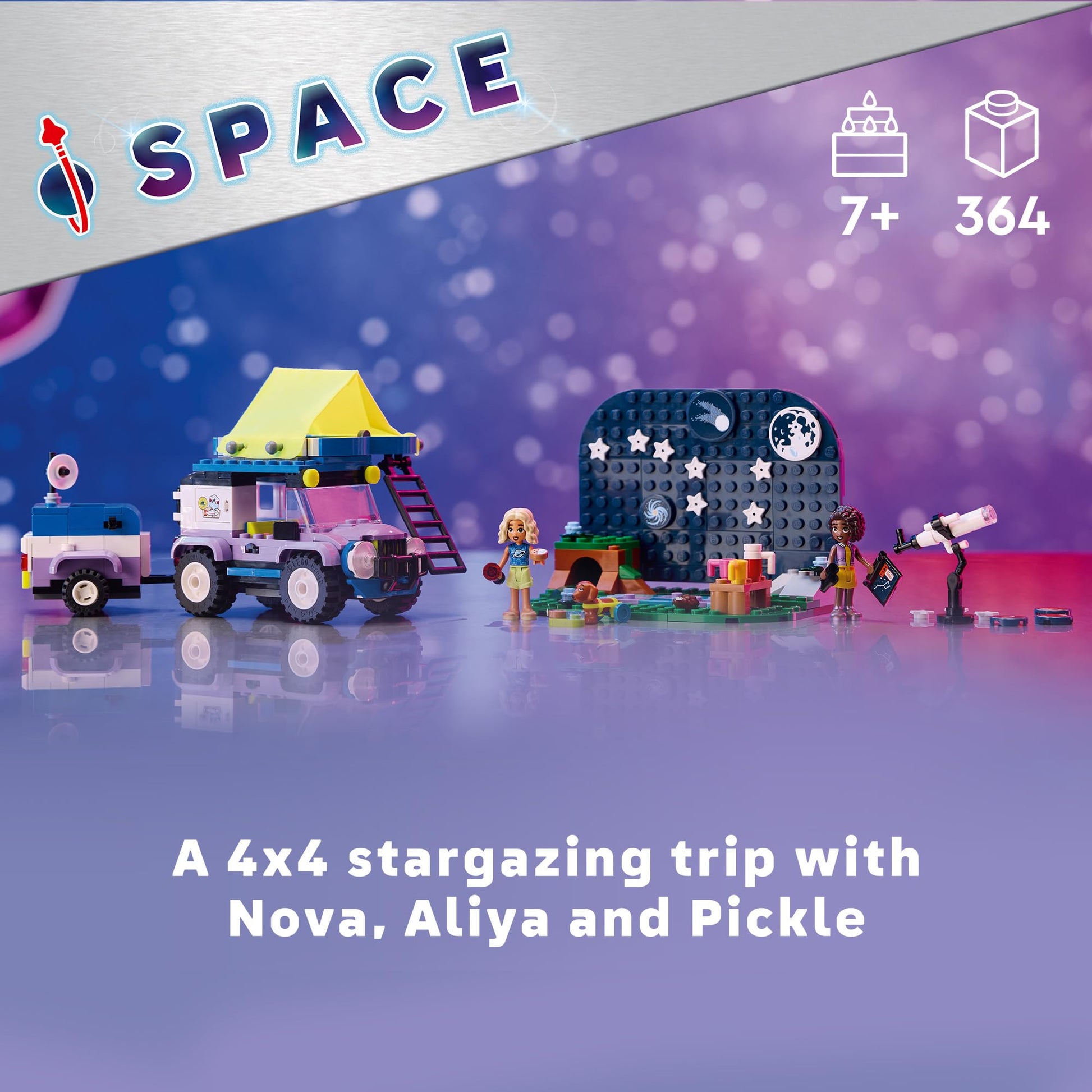 LEGO Friends Stargazing Camping Vehicle Adventure Toy, Includes 2 Mini-Dolls, Camping Trailer, Telescope Toy, and a Dog Figure, Science Gift Idea