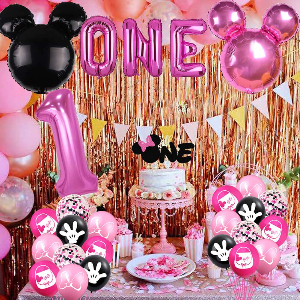 185 Pcs Pink 1st Birthday Party Decorations, Girls Onederful Balloons Arch Garland Kit, Pink Cartoon Onederful Backdrop, TableCloth, Tableware