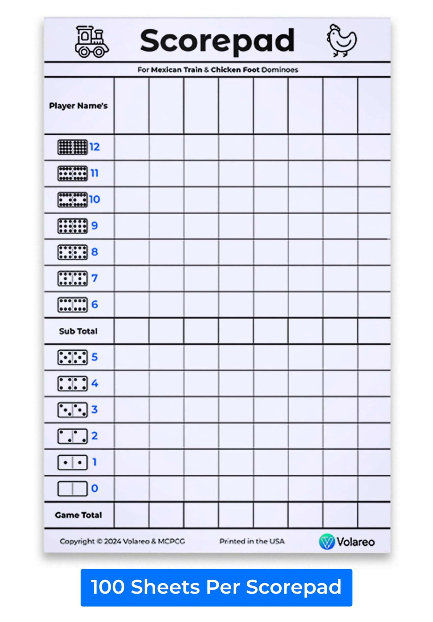 Volareo Mexican Train and Chicken Foot Dominoes Score Pad - 100 Scoring Sheets per Scorepad, 8.5 x 5.5 Inches - Score Sheets for Double 12 Domino