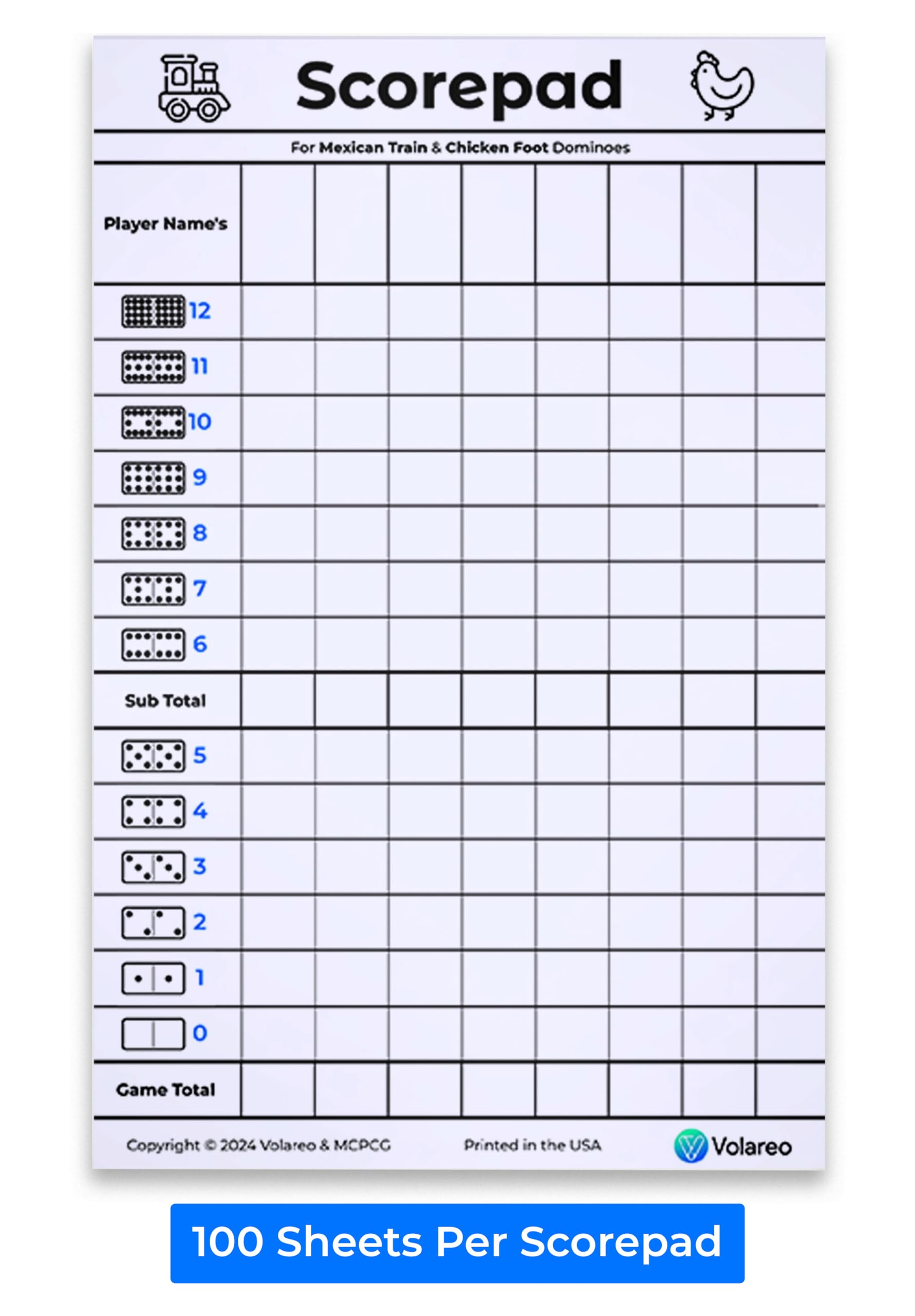 Volareo Mexican Train and Chicken Foot Dominoes Score Pad - 100 Scoring Sheets per Scorepad, 8.5 x 5.5 Inches - Score Sheets for Double 12 Domino