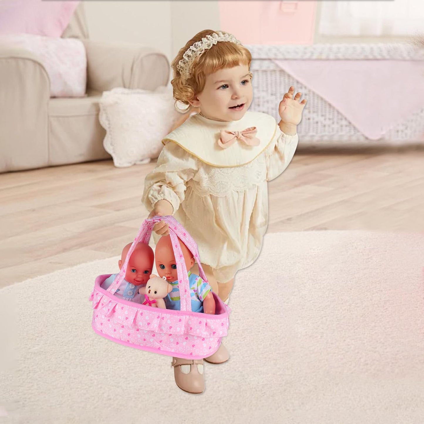 Baby Doll Cradle Bassinet Portable Doll Carrier Carry Bag Doll,Baby Doll Accessories Playset,Soft Pillow Quilt Bear,for 8-9-10-11-12 Inch Smaller