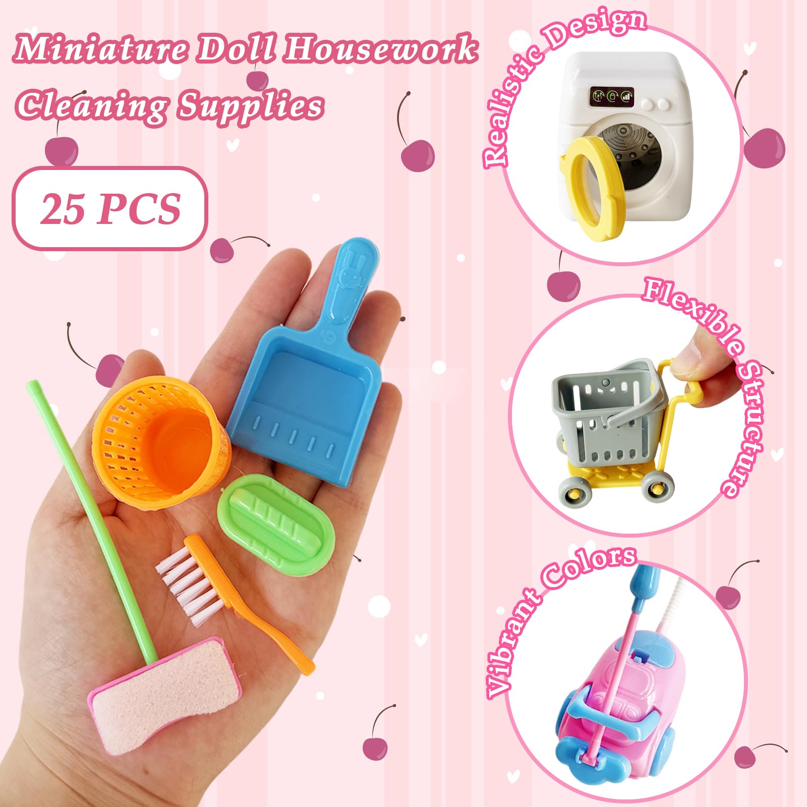 25 Pieces Miniature Doll Housework Cleaning Supplies,Mini Dollhouse Accessories Tools Mop Dustpan,Brush,Broom,Bucket,Dollhouse Furniture Decoration