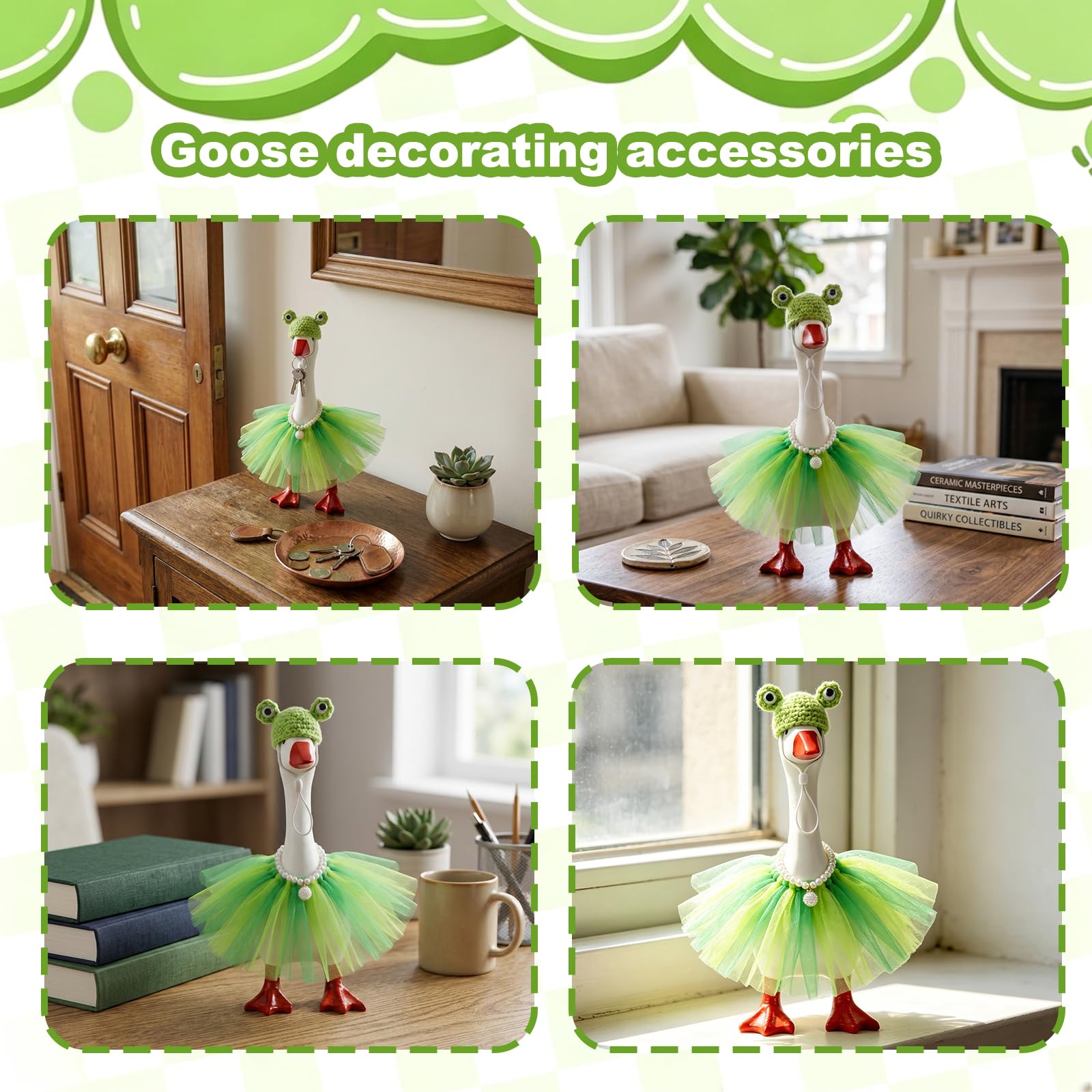 Mini Desk Goose Outfits Desktop Geese Clothes with Frog Shape Knitting Hat 7 Inch Goose Summer Green Tutu Dress Desk Goose Accessories Customs
