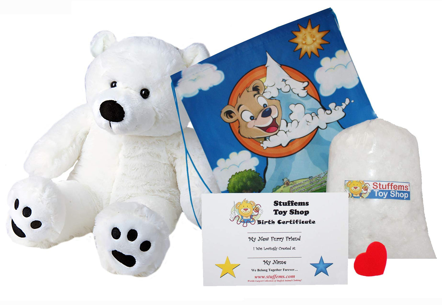 Stuffems Toy Shop Make Your Own Stuffed Animal 16" Tundra the Polar Bear - No Sew - Kit with Cute Backpack!