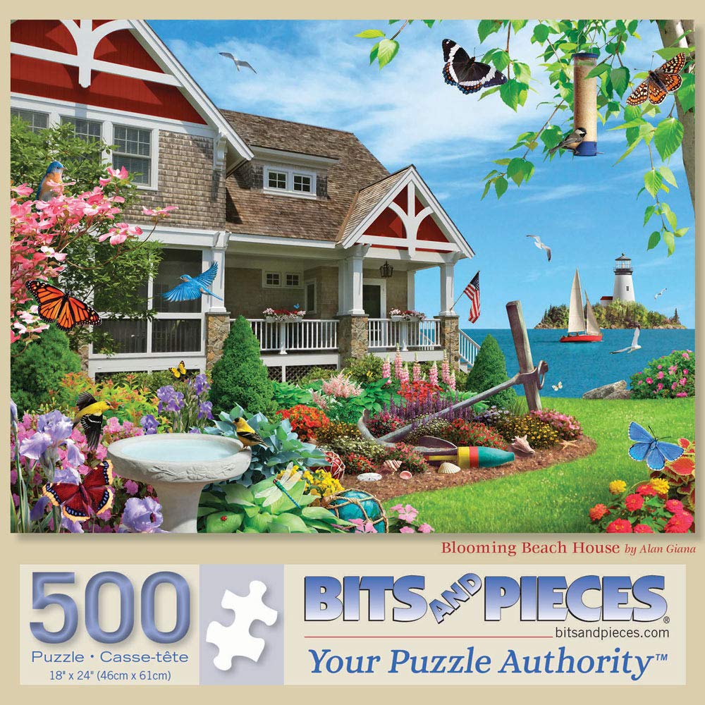 Bits and Pieces - Blooming Beach House Coastal Jigsaw Puzzle by Artist Alan Giana - Floral Beach Cottage & Seaside Landscape Puzzle for Adults (500