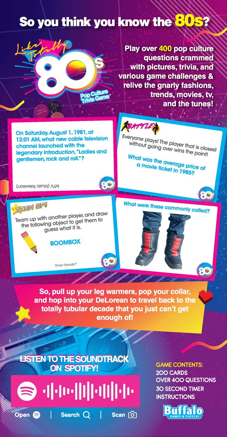Buffalo Games 80s Pop Culture Trivia Card Game - 200 Trivia Cards, 30 Sec Timer & Guide - Adult Game Night - Portable Travel Quiz - Gen X Pop Culture