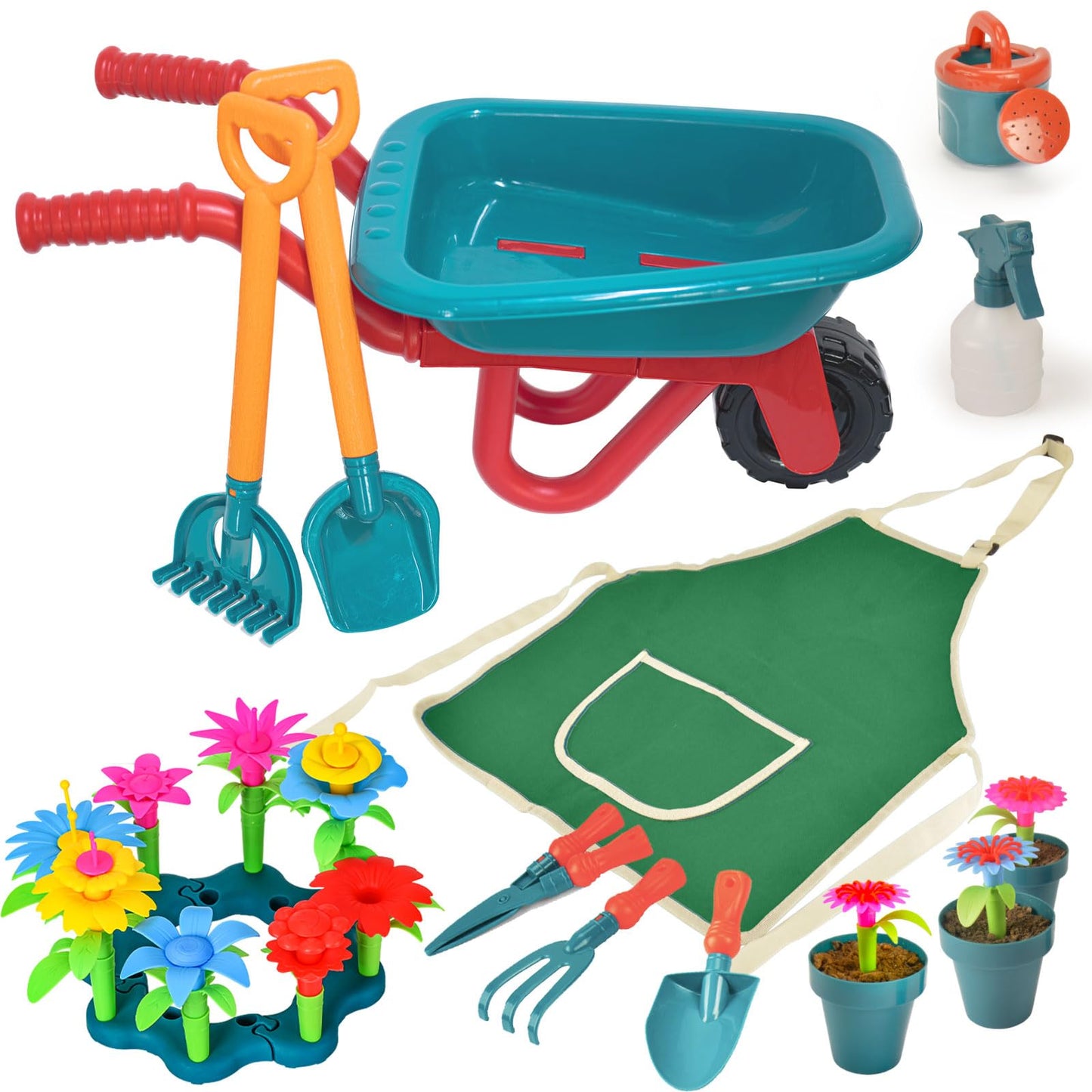unanscre Gardening Tool Set for Kids, with Toddler Wheelbarrow, Watering Can, Spray Bottle, Double Rake, Shovel, Trowel, Pruner, Flowers Kit, Apron
