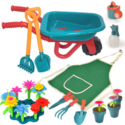unanscre Gardening Tool Set for Kids, with Toddler Wheelbarrow, Watering Can, Spray Bottle, Double Rake, Shovel, Trowel, Pruner, Flowers Kit, Apron