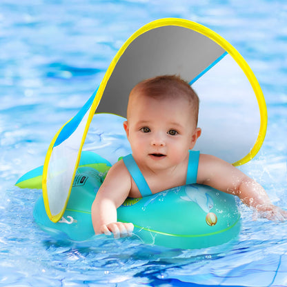 No Flip Over Baby Pool Float with Canopy UPF50+ Sun Protection, Sponge Safety Support Bottom, Fun Gifts Water Toys Accessories Inflatable Baby Swim